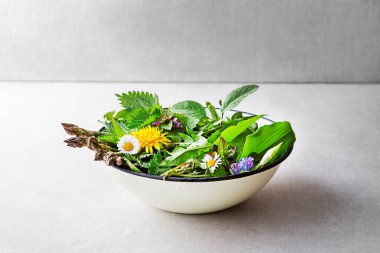 Yabani sarımsak, ısırgan otu, karahindiba ve diğer şifalı bitkiler ve ilkbaharın başlarında yetişen vahşi bitkiler. Çiçekler, otlar ve bitkilerle dolu bahar arkaplanı