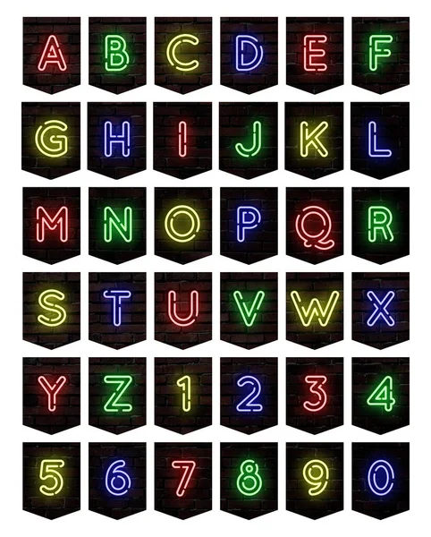 Alphabet Néon Coloré Dans Des Drapeaux Fête Sur Fond Sombre — Photo