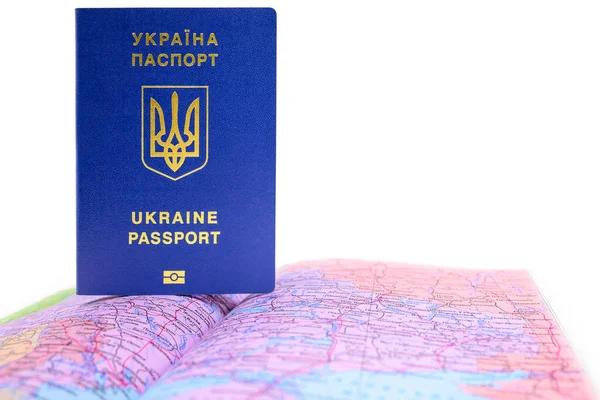 Біометричний Паспорт України Синього Кольору Тризубом Тлі Карти Країни Крупним — стокове фото