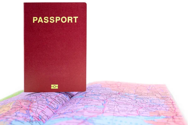 Kırmızı Pasaport Biyometrik Tasarım Için Dünya Haritası Arka Planı Üzerinde — Stok fotoğraf