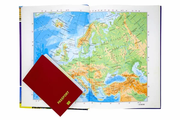 Kırmızı Pasaport Biyometrik Tasarım Için Dünya Haritası Arka Planı Üzerinde — Stok fotoğraf