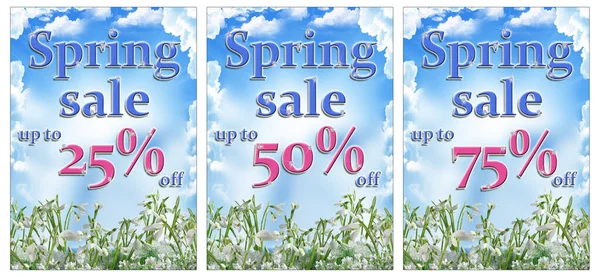 Set of three vertical banners with 25%, 50% and 75% off spring sale on a blue blurred background with beautiful bokeh flowers and snowdrops, great readable text for social media and web
