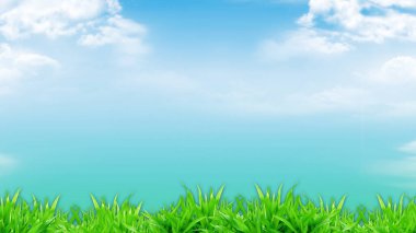 Parlak mavi gökyüzüne karşı taze yeşil çimenler ve güzel bokeh, arkaplan ve metin eklemek için boş alan ile tasarım duvar kağıdı ile bulutlar