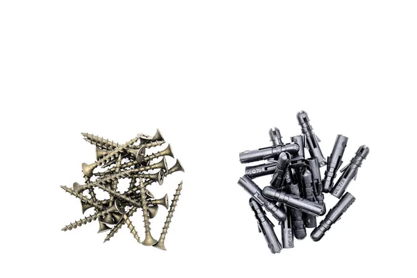 Black Screws Dowels Black White Background Top View Empty Space — Stock Photo, Image