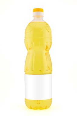 Sarı kapaklı bir plastik şişedeki yağ ve bir etiket için boş alan. Beyaz arka planda yakın plan.