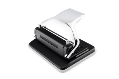 Siyah ofis delgisi plastik ve metalden yapılmış, yakın plan, beyaz arka plan, yan görüş