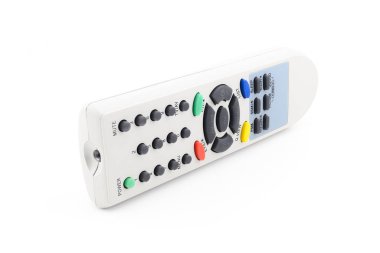 Kanal değiştirmek için çeşitli düğmelere sahip uzaktan kumanda, ses düzeyi ve diğer işlevler, beyaz arkaplandaki ev eğlence sistemlerinin kullanımı ve etkin kontrolü için tasarlandı