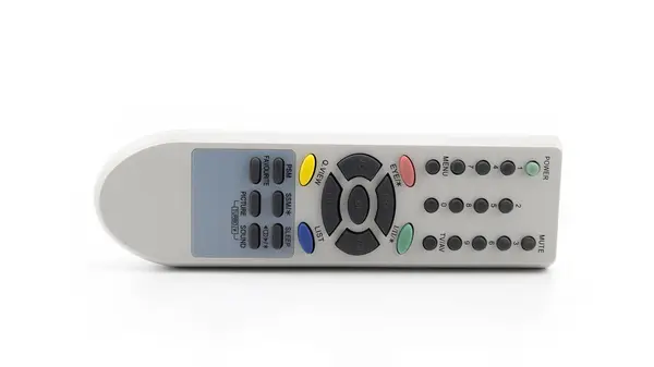 Kanal değiştirmek için çeşitli düğmelere sahip uzaktan kumanda, ses düzeyi ve diğer işlevler, beyaz arkaplandaki ev eğlence sistemlerinin kullanımı ve etkin kontrolü için tasarlandı