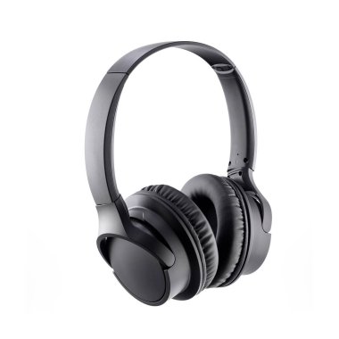müzik ve çevrimiçi iletişim ve çağrılar için kablosuz siyah büyük dijital stereo kulaklıklar, müzik alanında modern teknolojiler, beyaz arka planda izole edilmiş, yakın plan