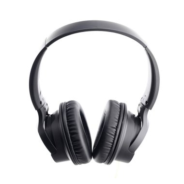 müzik ve çevrimiçi iletişim ve çağrılar için kablosuz siyah büyük dijital stereo kulaklıklar, müzik alanında modern teknolojiler, beyaz arka planda izole edilmiş, yakın plan