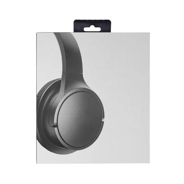 Kablosuz kulaklık, kulaklık, kulaklık, yakın plan, beyaz arka planda izole edilmiş büyük karton kutu.