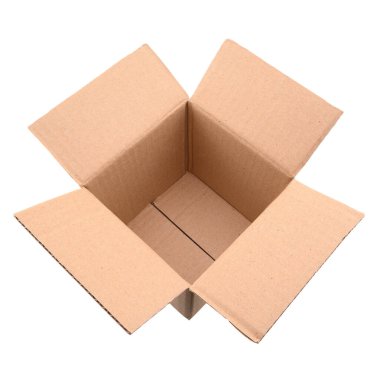 Open corrugated cardboard box for mailing or product packaging isolated on white background; square shipping box; kraft cardboard; close-up; macro shot with large depth of field; top view