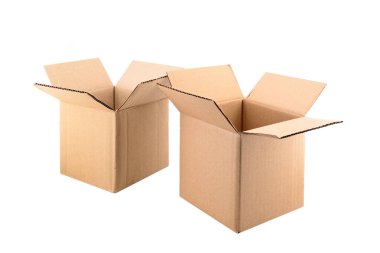 Two open corrugated cardboard boxes for mailing or product packaging, on white background, square shipping box, kraft cardboard, close-up, macro photography with large depth of field, side view
