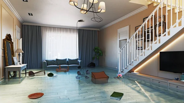 Close Flooded Floor Living Room Water Leak — Stock Photo, Image