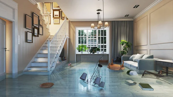 Nahaufnahme Eines Überfluteten Fußbodens Wohnzimmer Nach Einem Wasserleck — Stockfoto