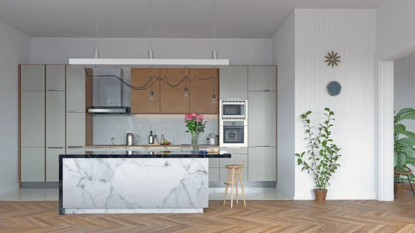 现代厨房设计 3D内部渲染 — 图库照片