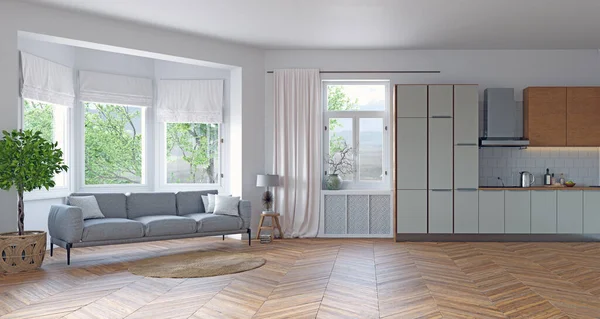 现代客厅室内设计 木制家具 白色厨房 中性色彩设计 — 图库照片