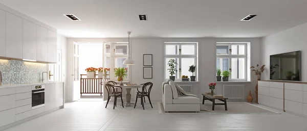 现代客厅室内设计 木制家具 白色厨房 中性色彩方案 3D概念渲染 — 图库照片
