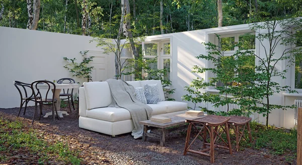 Eine Surreale Fantasie Mit Einem Sofa Draußen Wald Idyllische Szenerie — Stockfoto
