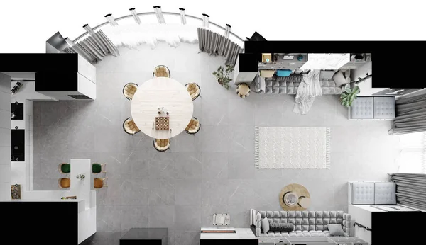 豪华私人住宅的现代内部 从上面看客厅 3D说明 — 图库照片