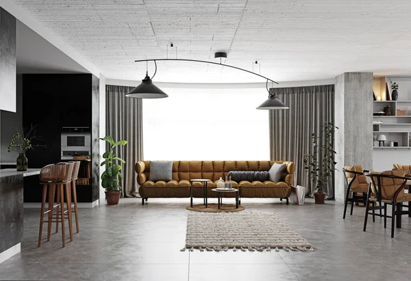 Modern Living Room Interior Design Wooden Furniture White Kitchen Neutral — Stock Photo, Image
