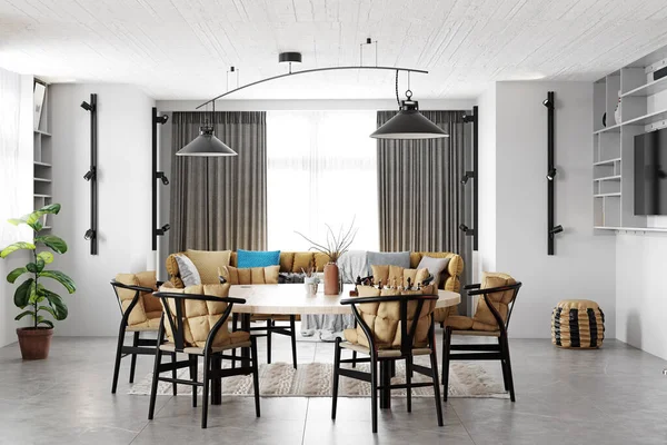 Moderne Wohnzimmereinrichtung Holzmöbel Weiße Küche Neutrale Farbgebung — Stockfoto