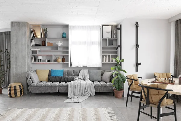 Diseño Interior Moderno Sala Estar Muebles Madera Cocina Blanca Esquema — Foto de Stock
