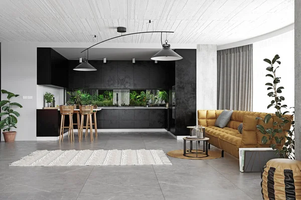 Diseño Interior Moderno Sala Estar Muebles Madera Cocina Blanca Esquema —  Fotos de Stock