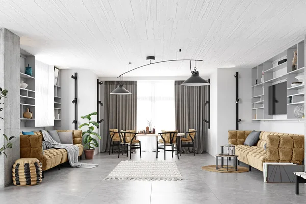 Moderne Wohnzimmereinrichtung Holzmöbel Weiße Küche Neutrale Farbgebung — Stockfoto