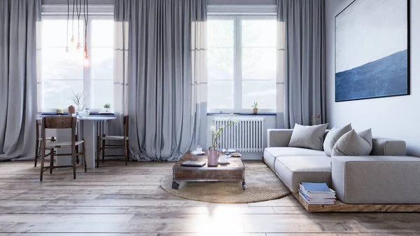 Modern Living Design Interior Mobilier Din Lemn Schema Culori Neutre — Fotografie, imagine de stoc