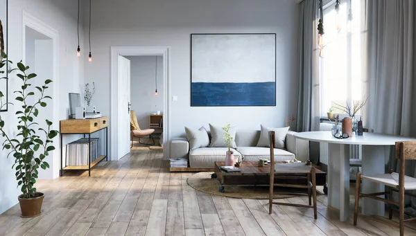 Modern Oturma Odası Tasarımı Ahşap Mobilyalar Nötr Renk Düzeni Tasarım — Stok fotoğraf