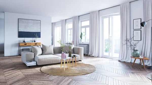 Modernes Wohnzimmerdesign Holzmöbel Neutrale Farbgebung Design Illustration — Stockfoto