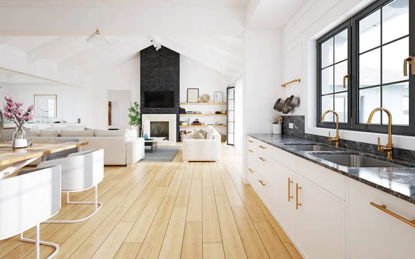 Interior Design Moderno Soggiorno Cucina Bianca Combinazione Colori Neutri Rendering — Foto Stock
