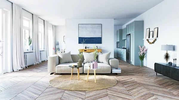 Moderno Diseño Interior Sala Estar Muebles Madera Esquema Color Neutro —  Fotos de Stock