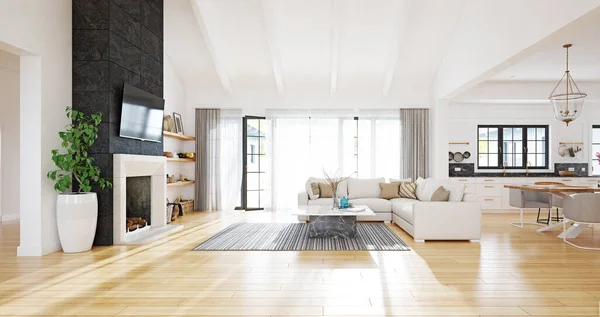 现代客厅室内设计 白色厨房 中性色彩方案 3D概念渲染 — 图库照片
