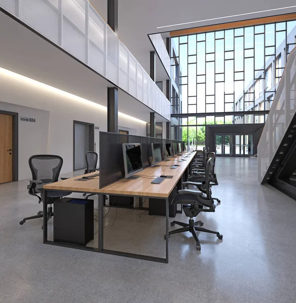Modernes Büro Mit Offenem Raum Und Großen Fenstern Render — Stockfoto