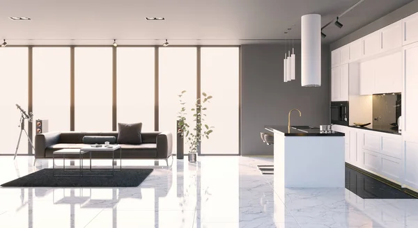 Modern Living Room Interior Design White Kitchen Neutral Color Scheme — Stock Photo, Image