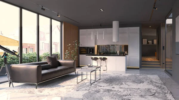 现代客厅室内设计 白色厨房 中性色彩方案 3D概念渲染 — 图库照片