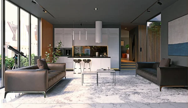 Sala Estar Moderna Design Interiores Cozinha Branca Esquema Cores Neutras — Fotografia de Stock