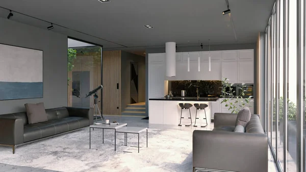 Moderní Design Interiéru Obývacího Pokoje Bílá Kuchyně Neutrální Barevné Schéma — Stock fotografie