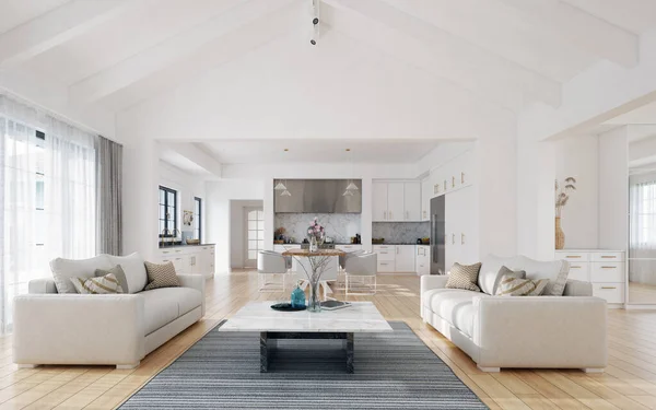 Moderní Design Interiéru Obývacího Pokoje Bílá Kuchyně Neutrální Barevné Schéma — Stock fotografie
