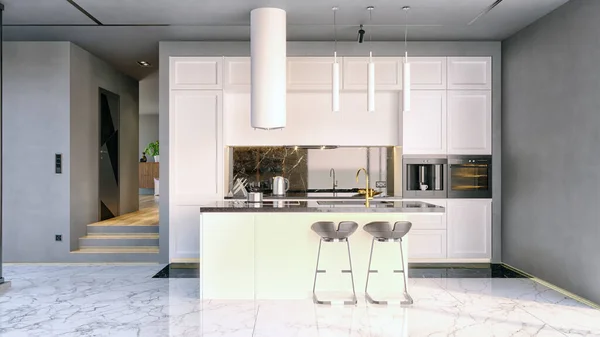 现代厨房设计 3D内部渲染 — 图库照片