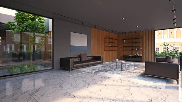 现代客厅室内设计 中性色彩方案 3D概念渲染 — 图库照片