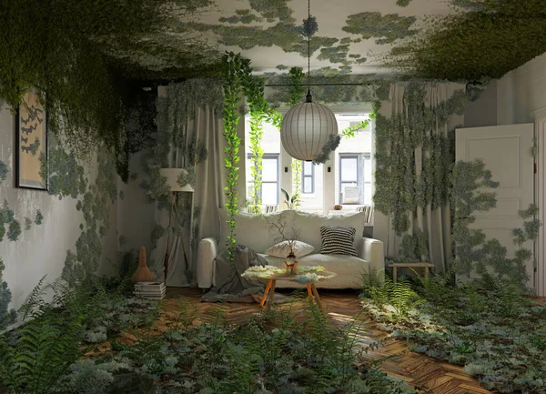 Overgrown Interior Vivo Tema Vegetação Natureza Design Ecológico Conceito Renderização — Fotografia de Stock