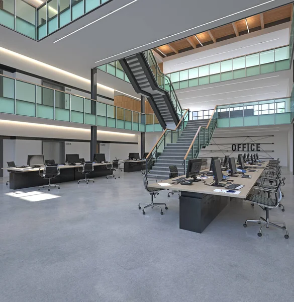 有开放空间的现代办公室 3D渲染 — 图库照片
