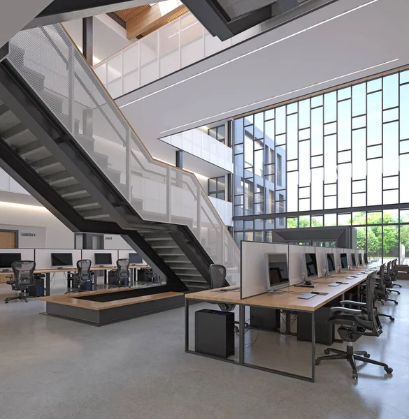 现代化的办公室 有开阔的空间和大的窗户 3D渲染 — 图库照片