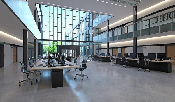 Nowoczesne Biuro Otwartą Przestrzenią Dużymi Oknami Renderowanie — Zdjęcie stockowe