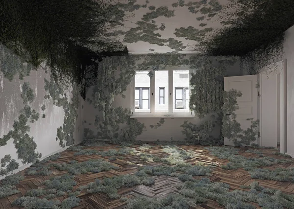 废弃房屋的凌乱房间 3D渲染概念 — 图库照片