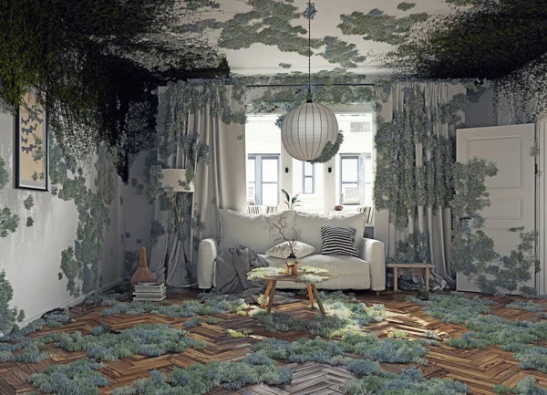 捨てられた家の乱雑な部屋 3Dレンダリングの概念 — ストック写真