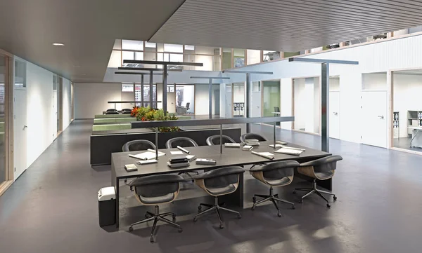有开放空间的现代办公室 3D渲染 — 图库照片